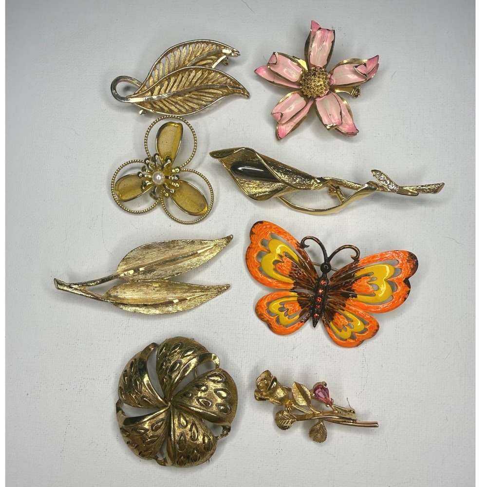Vintage Gold Tone & Enamel Brooches Lot of 8 Mid Century Whimsical Grannycore
